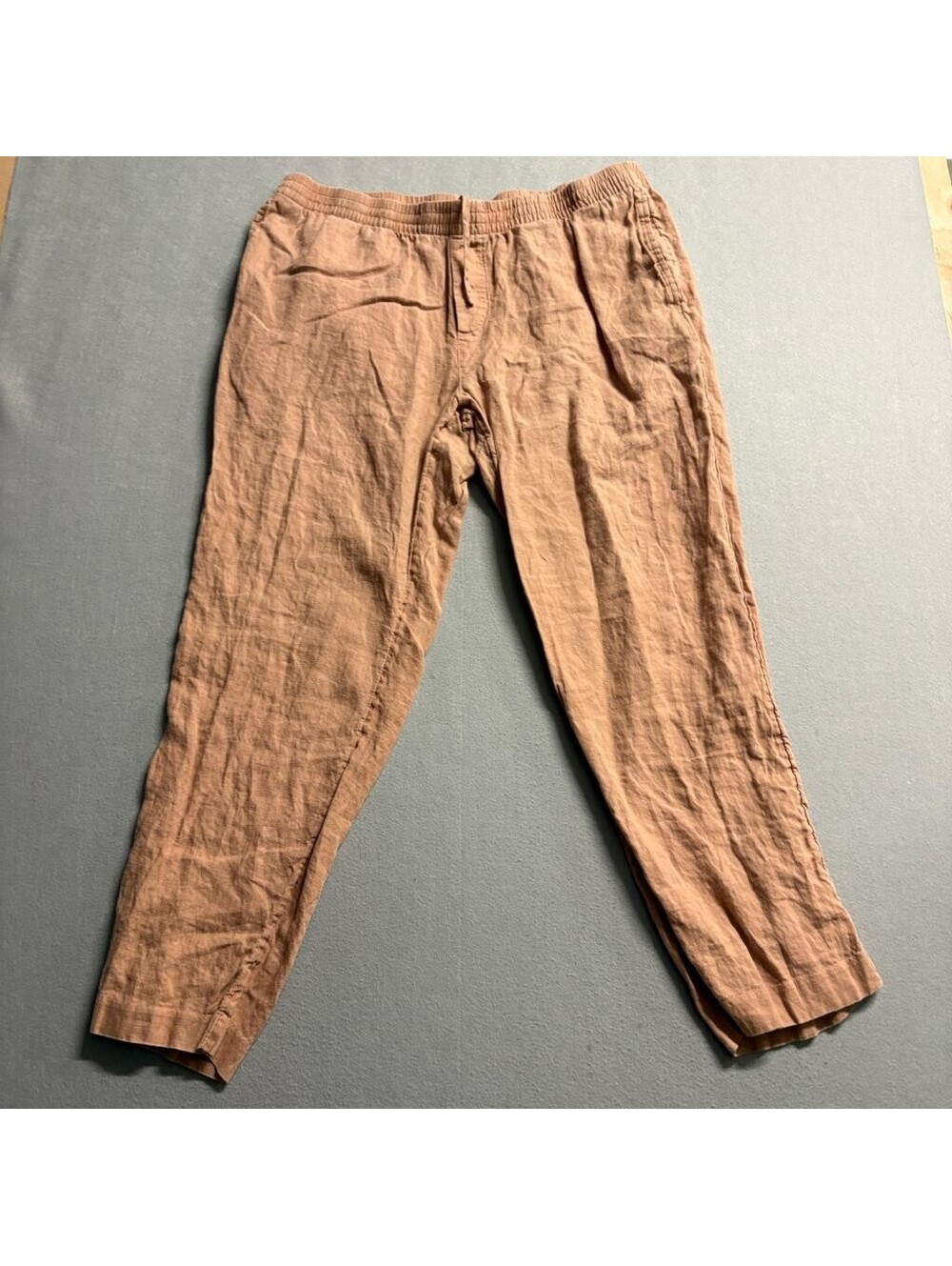 H&M 100% Linen Pants Womens XL Brown Elastic Waist Regular Fit Casual